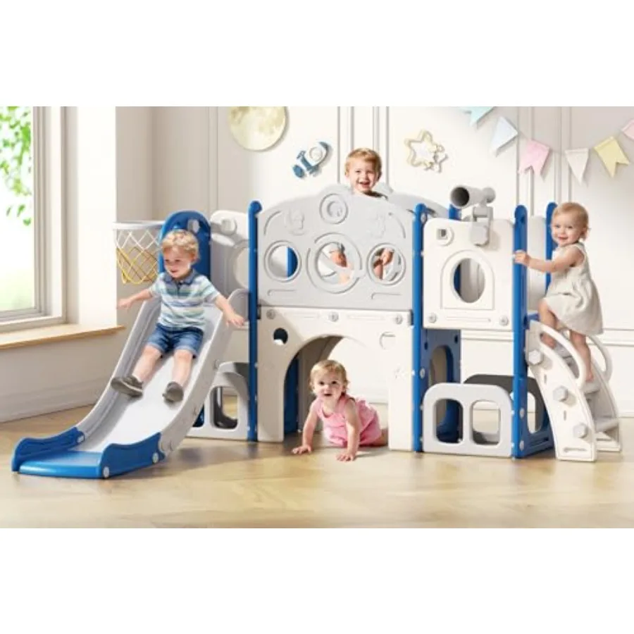 

Детский игровой комплекс 8 в 1: горка для малышей 1-3 лет, для дома и улицы, с баскетбольным кольцом и туннелем, сине-серый пластиковый игровой набор