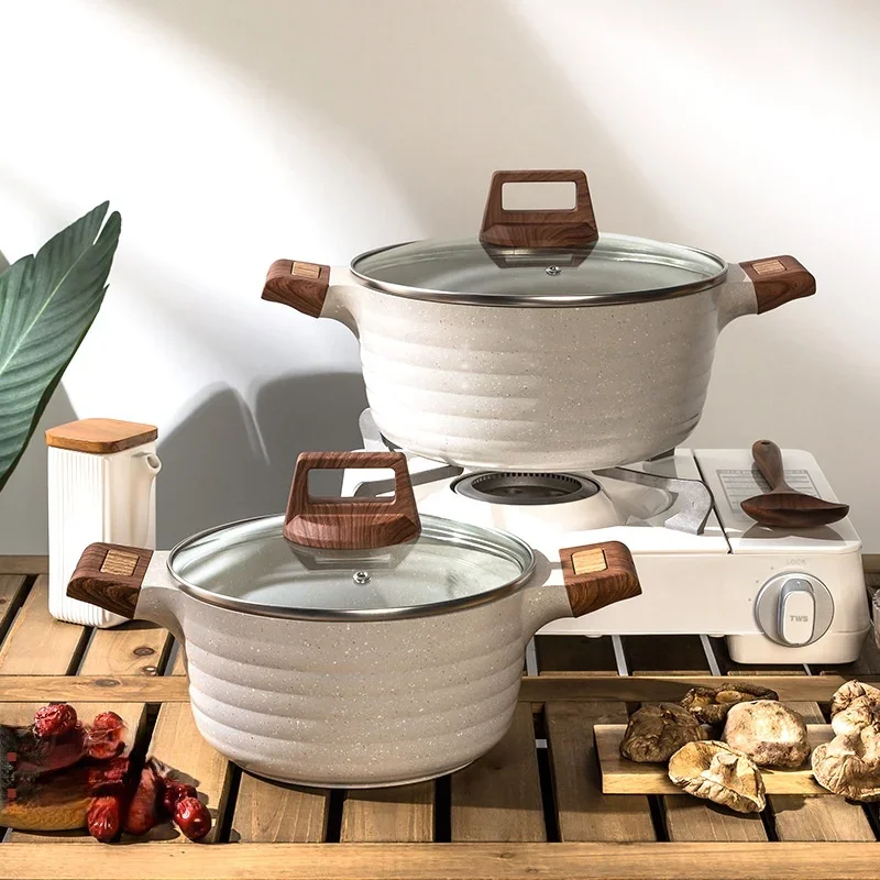 Wood Grain Stone Stew Pot, Non-Stick, Suitable for Induction and Gas Cookers, Two Ears Cooking Pot Set, Durable Cookware