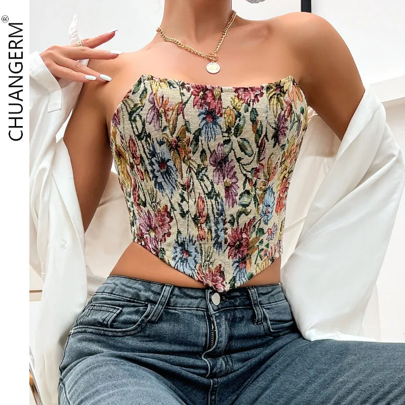 

CHUANGERM Sexy Corset Retro Printed Sleeveless Square Collar Backless Bandage Women Slim Fishbone Strapless Lnner Camisole