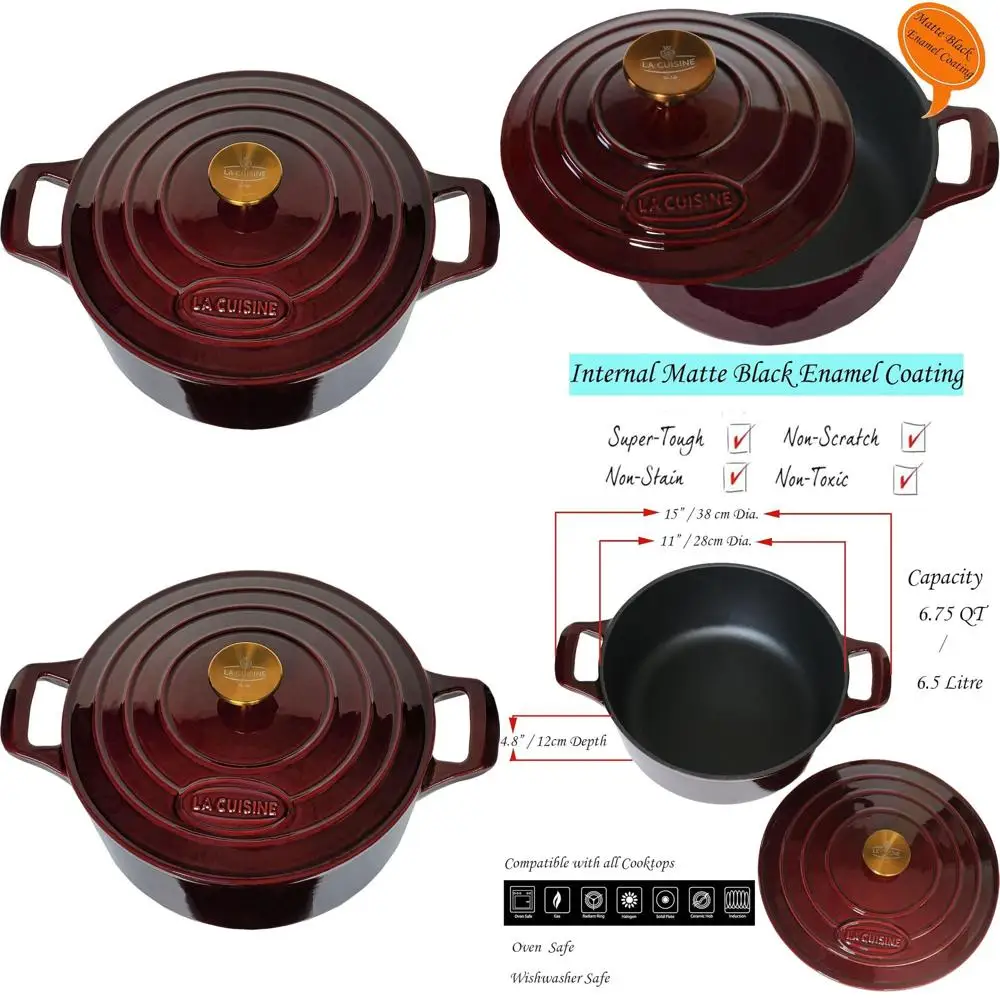 

Эмалированная чугунная кастрюля для голландской духовки, 6,5 QT, диаметр 11, матовая черная внутренняя часть, позолоченная ручка крышки, безопасная для духовки