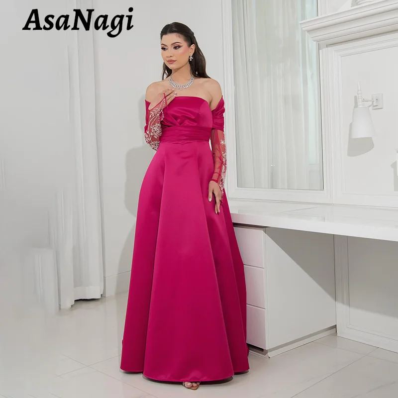 

AsaNagi Beaded Long Sleeve Prom Gowns Women's Off Shoulder A Line Party Evening Gown Floor Length Saudi Formal Occasion Dress