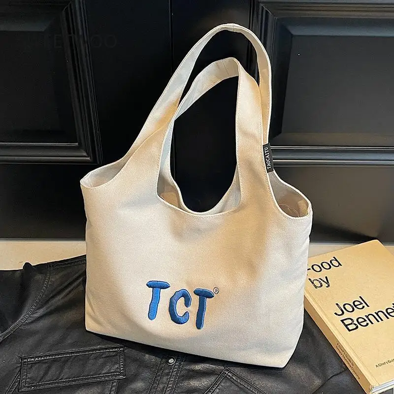 2026 Women Embroidered Canvas Tote Bag with Letter Print Casual Commuter Shoulder Purse