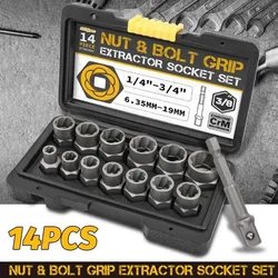 14pc Damaged Screw Extractor Cr-Mo Steel Bolt Nut Remover Car Tool Kit Hand Tools Kit 6.35 -19m in Tool Box