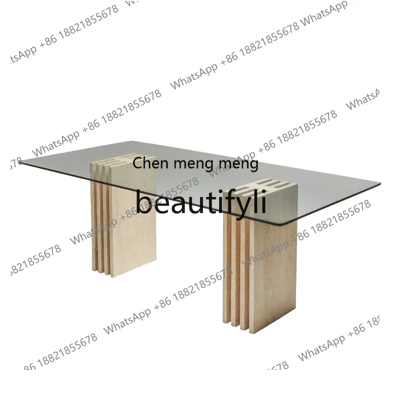 

E153 smt1 Nordic modern simple natural travertine dining table designer luxury tempered glass countertop eating table