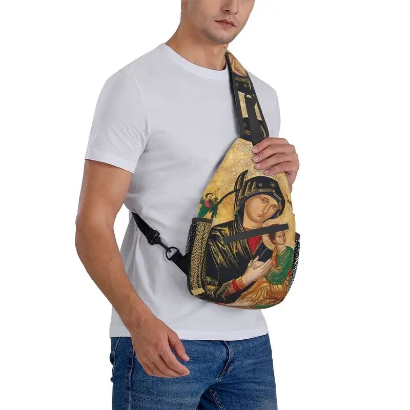 Our Lady Of Perpetual Help Crossbody Sling Backpack Men Roman Catholic Virgin Mary Shoulder Chest Bags for Camping Biking