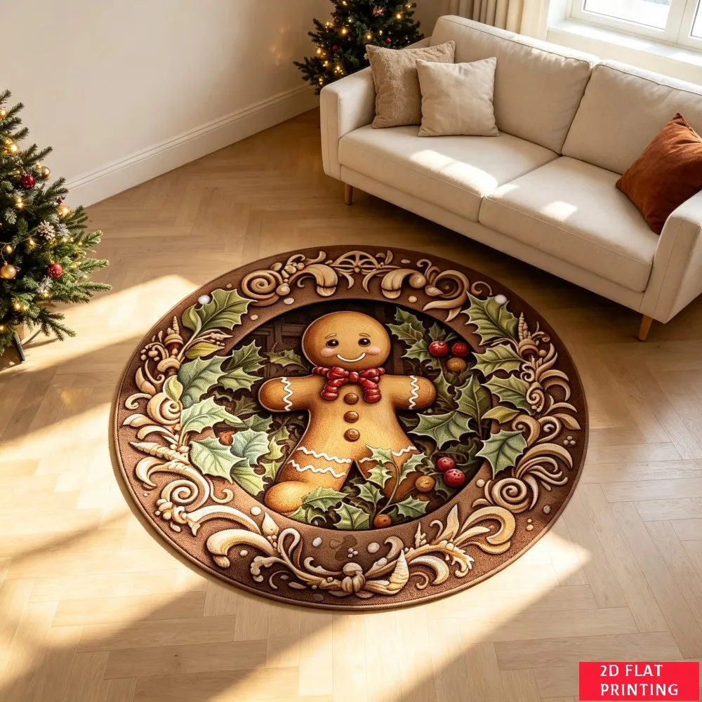 Christmas Gingerbread Man Holly Berry Wreath Round Carpet For Holiday Entryway Or Dining Area With Festive Brown Gold Printed