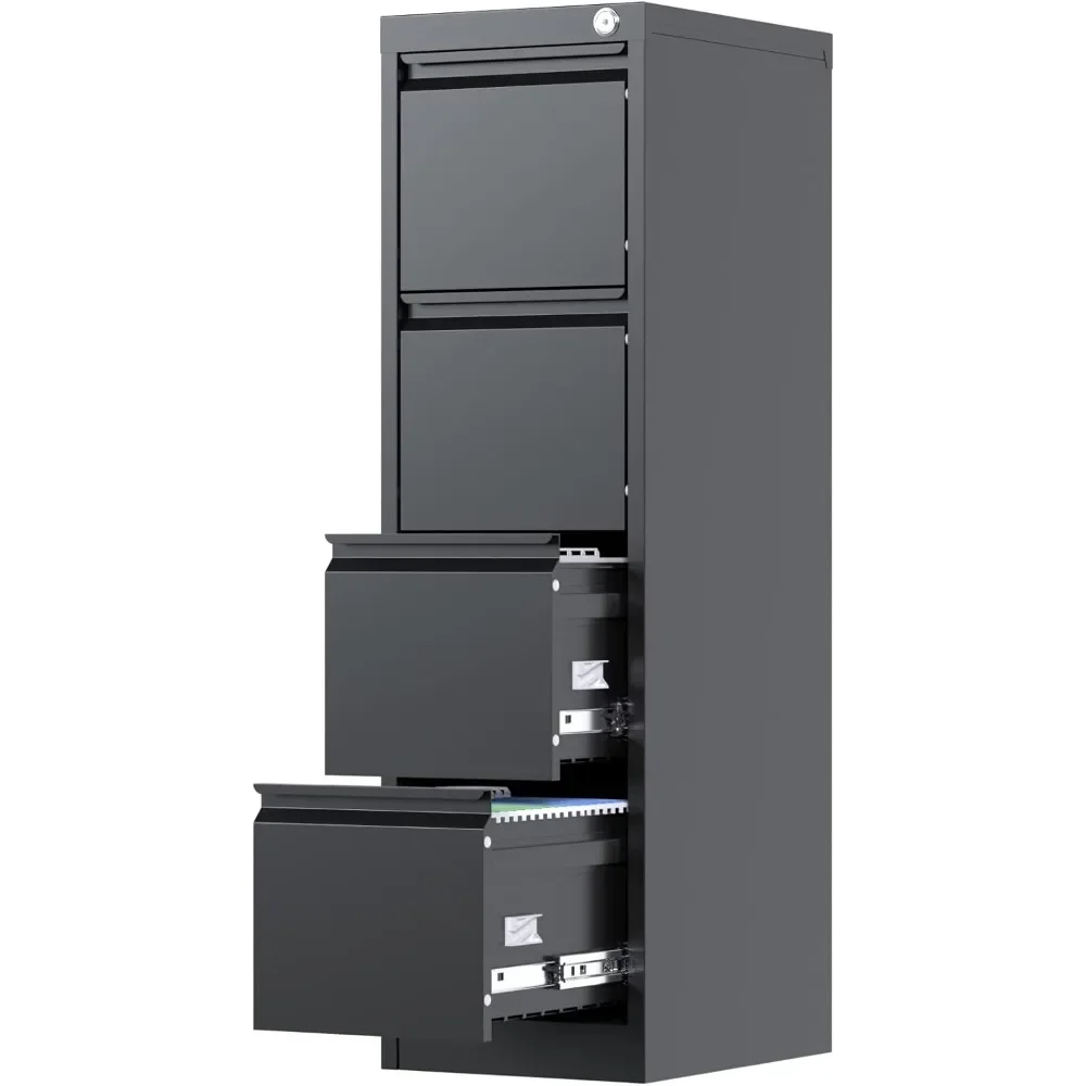 4 Drawer Filing Cabinet, Metal Vertical File Cabinet 4 Drawers with Lock, Locking Black File Cabinets for Home Office