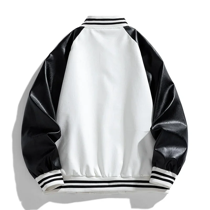 แจ็คเก็ตหนังผู้ชาย สีดำขาว ตัดต่อ สไตล์ลำลอง สวมใส่สบาย ทรงเข้ารูป หล่อ เท่ ทันสมัย เหมาะสำหรับฤดูใบไม้ร่วงและฤดูหนาว แจ็คเก็ตเบสบอลหนัง