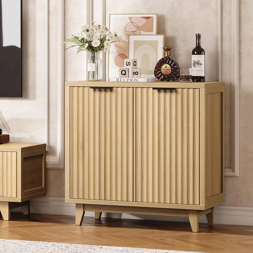 Modern Fluted Coffee Bar Cabinet with Removable Wine Rack and Adjustable Shelf, Solid Wood Legs, Multi-Functional Sideboard