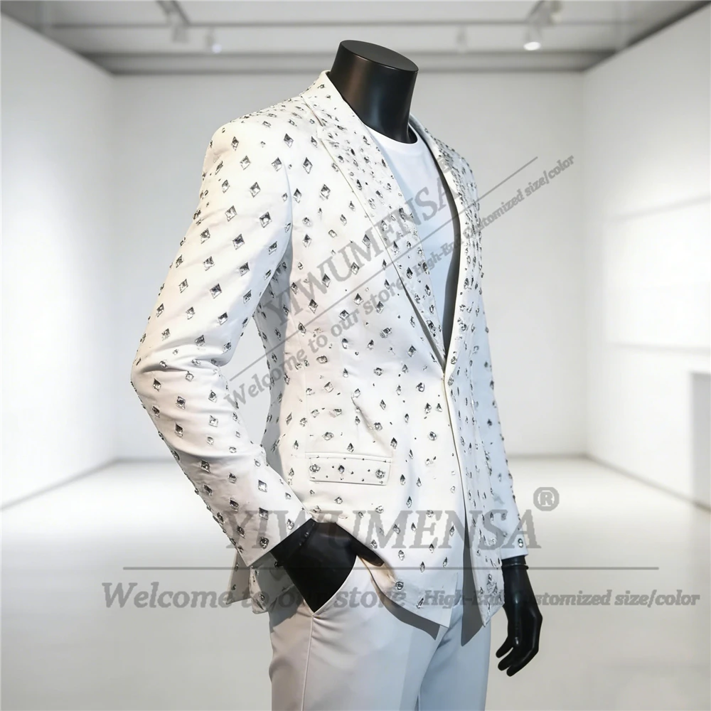 

Luxury Diamond Beads Men Suit Attire Slim Fit Single Breasted Jacket Trousers 2 Piece Man Banquet Party Groom Tuxedos Customized