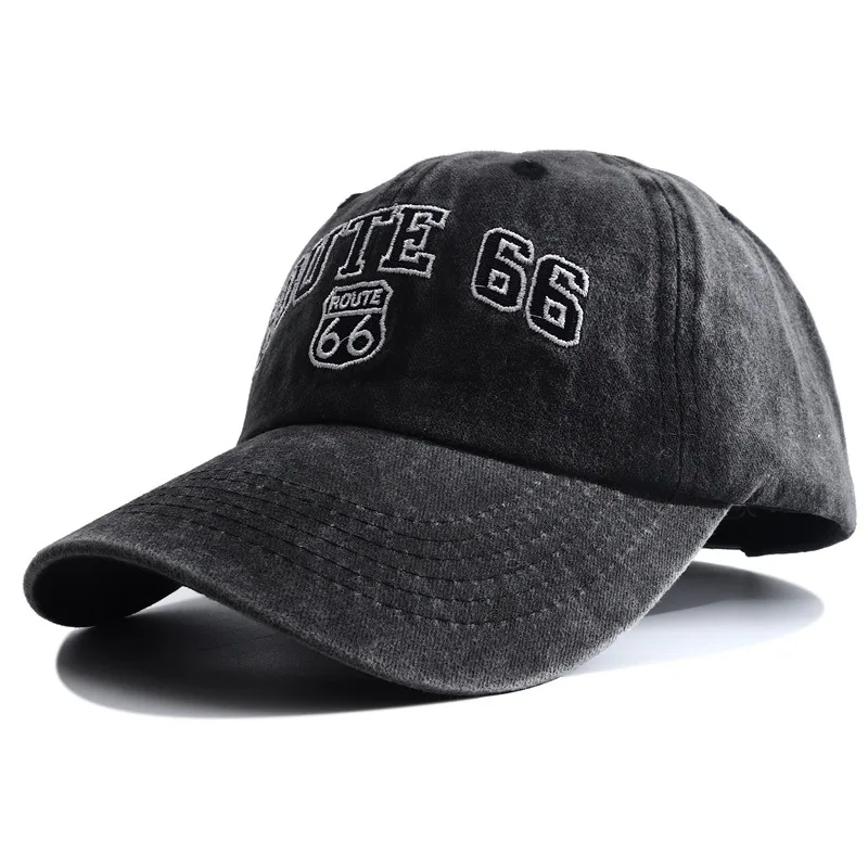 New Designer Route 66 Embroideried Basball Cap Snapback Hat Casquette Femme Vintage Washed Denim Dad Hats for Men Women 2023