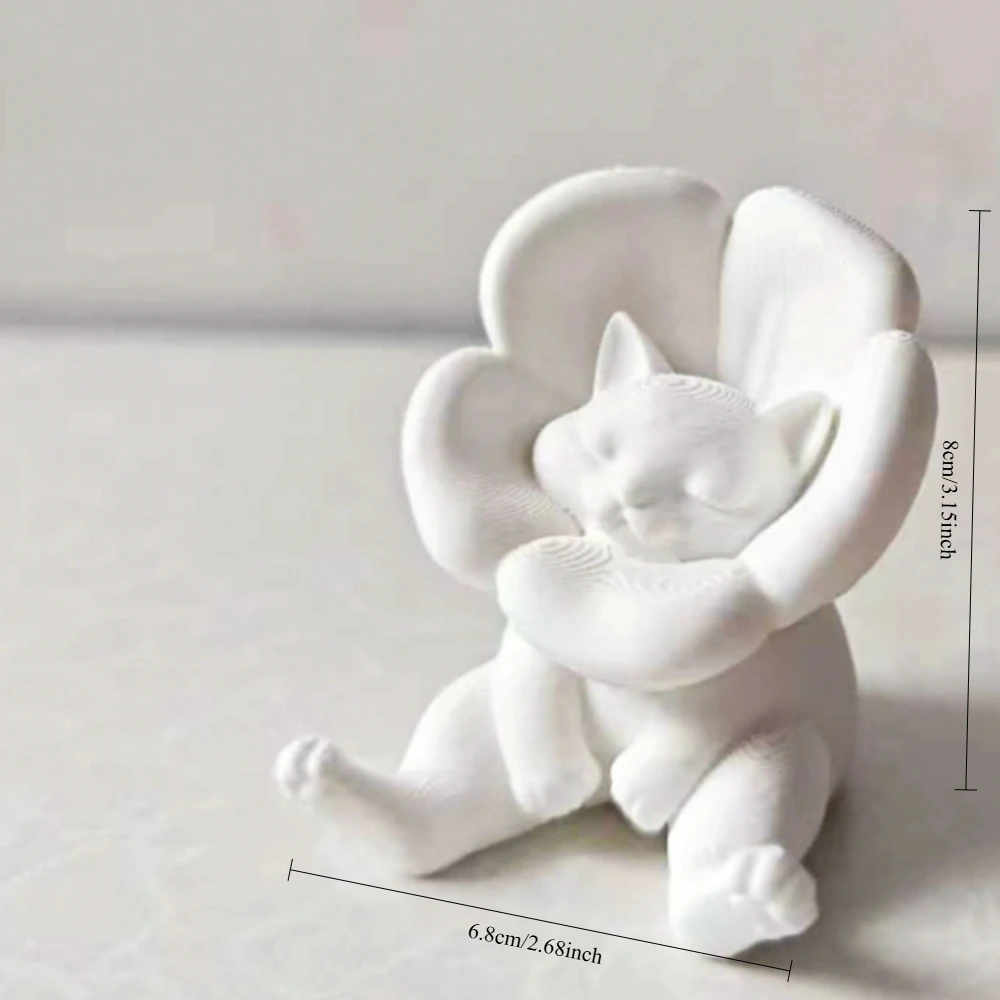 Tabletop Mascot Modern Botanical Theme White Kitten Sculpture Whimsical Flower Collar Geometric Mat for Apartment Lounge