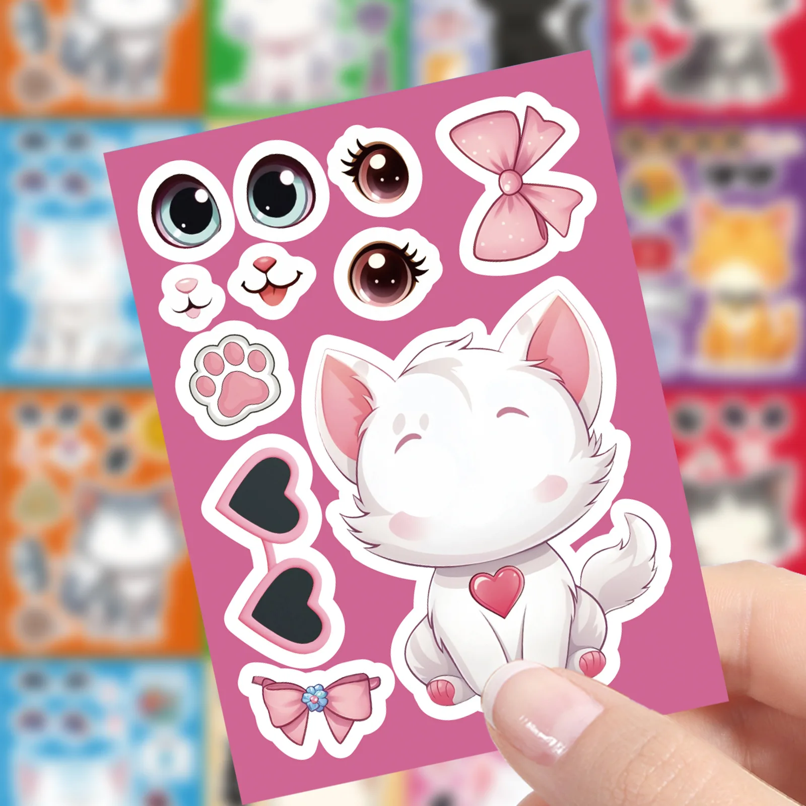 

8/16Sheets Cute Cartoon Cat Make a Face Puzzle Sticker DIY Phone Laptop Luggage Skateboard Graffiti Decals Fun for Kid Gift
