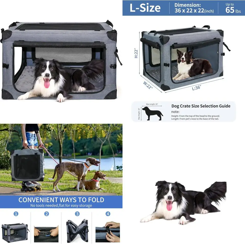 

36 Inch Portable Folding Dog Crate for Travel, 4-Door Pet Carrier, Suitable for Large Dogs, Indoor & Outdoor Use (Gray)