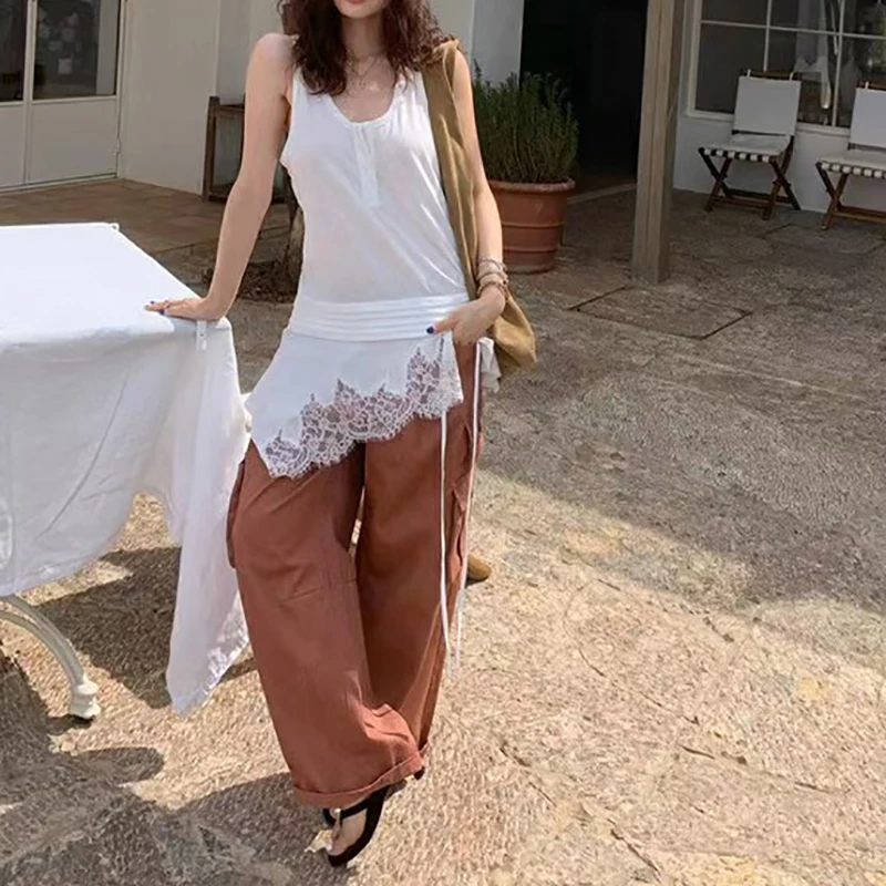 Gilet mi-long sans manches à col en U pour femmes, haut en dentelle irrégulière, chemise inférieure de haute qualité, été, nouveau, 2025