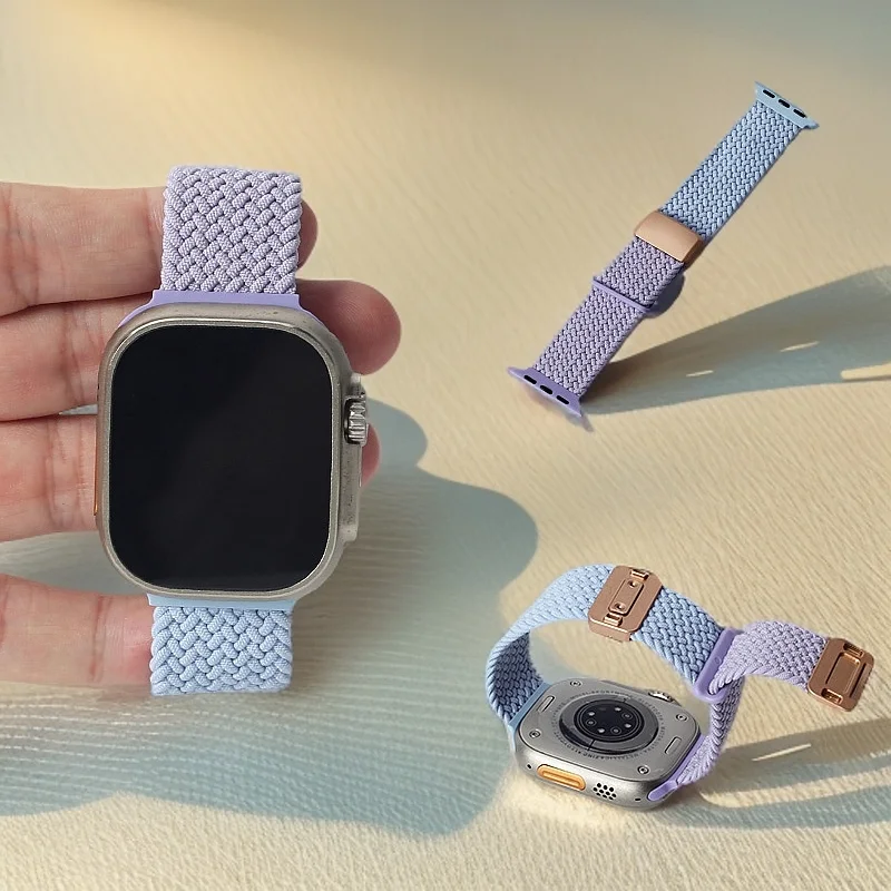 Geflochtene Schlaufe für Apple Watch 38 40 41 42 44 45 46 49 mm für Damen, magnetischer Nylon-Elastik-Ersatz für Iwatch Series10 9 8 7 6