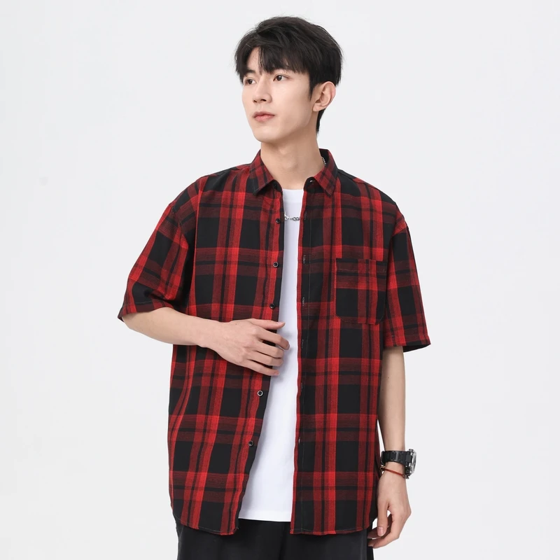 

Summer Men Plaid Shirt Shirts New Fashion Chemise Homme Mens Checkered Shirts Short Sleeve Shirt Men Blouse Top Coat