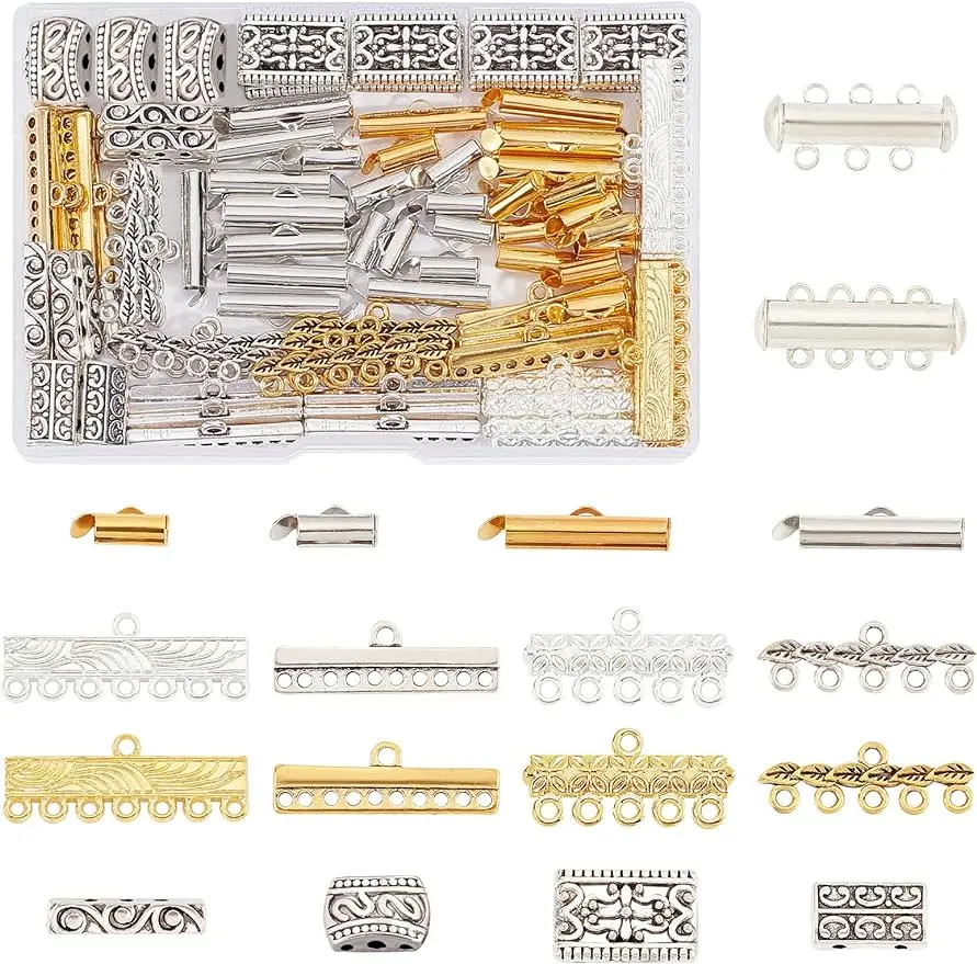 

18Styles Layering Clasp 166pcs Slide Lock Clasps Multi Strand Necklace Slide On End Clasp Tubes Tibetan Charm Connector Links