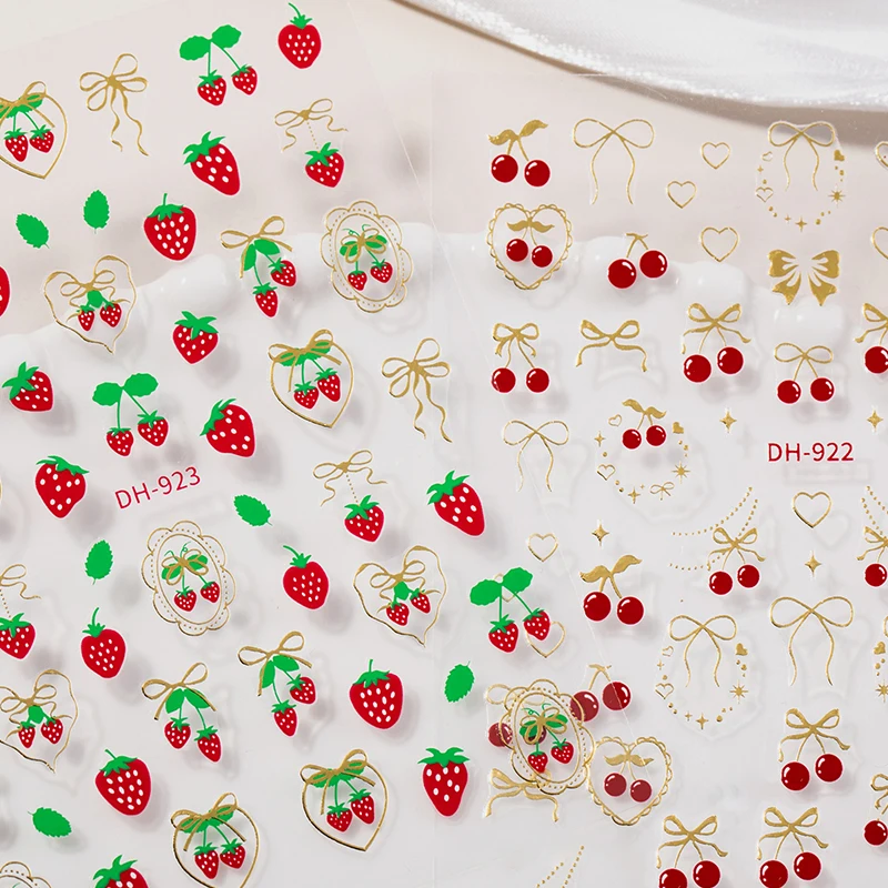 Fresh Sweet Fruits Strawberry Cherry Bowknot Love Heart Bow 5D Nail Art Stickers Self Adhesive Decorations Nail Manicure Decal