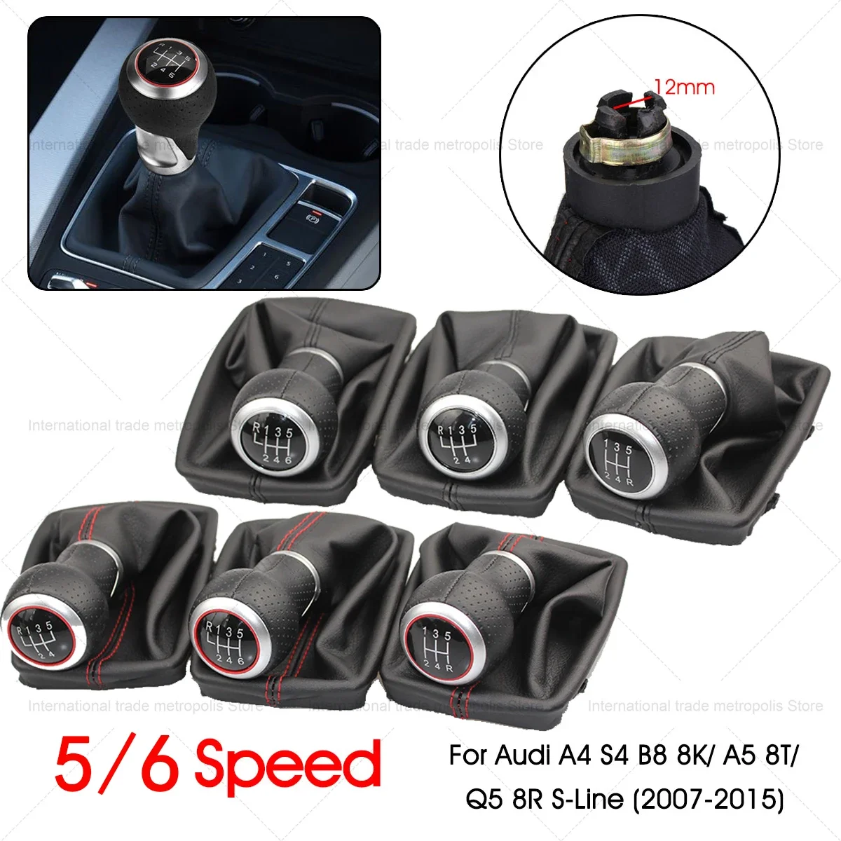 For Audi A4 S4 B8 8K A5 8T Q5 8R S Line 2007-2015  PU Leather Shifter Car Gear Shift Knob 12mm 5/6 Speed Handle