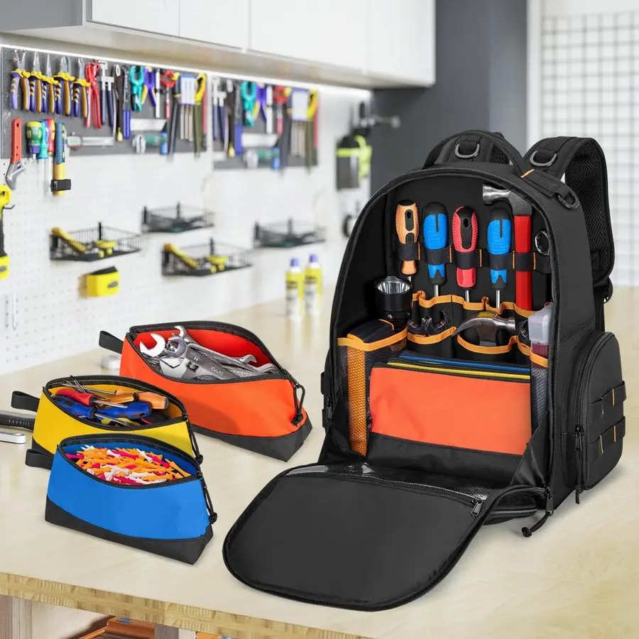 Bag Backpack with 3 Tool Zipper Pouch, Tool Organizer Bag for Men with Padded Support, Tactical Tool Storage Work Bag for Repair