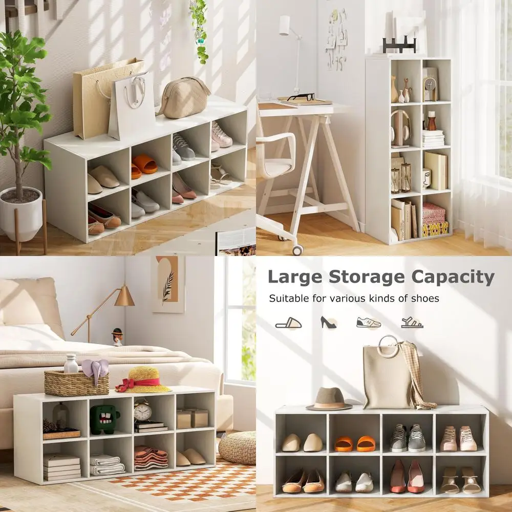 

8-Cube Shoe Storage Bench, Durable Organizer with 500 lbs Capacity, Ideal for Entryway, Hallway, Living Room, and Bedroom (White