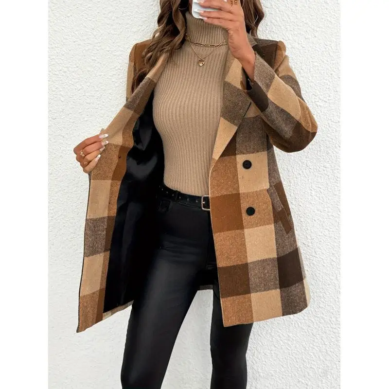 Plaid Wool  Women's High Waist Style Winter Ultra Thin Fly Sleeve Coat Regular Length No Brand Registered Trademark