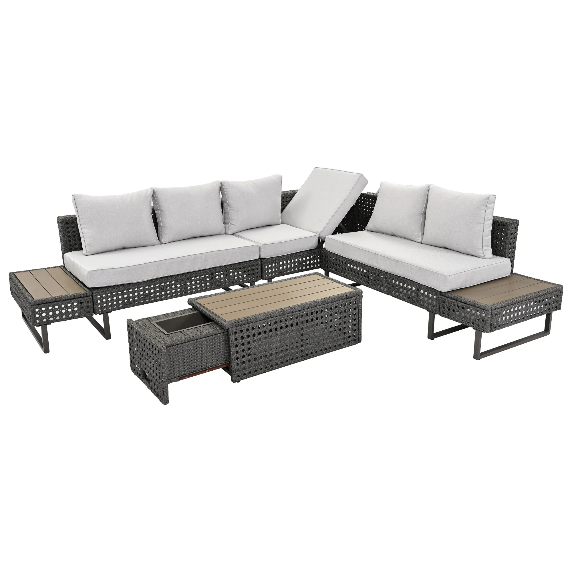 

Patio Sectional Couch Set with Extendable Coffee Table with Ice Bucket Collapsible Seat Conversation sofa Set with Side Table