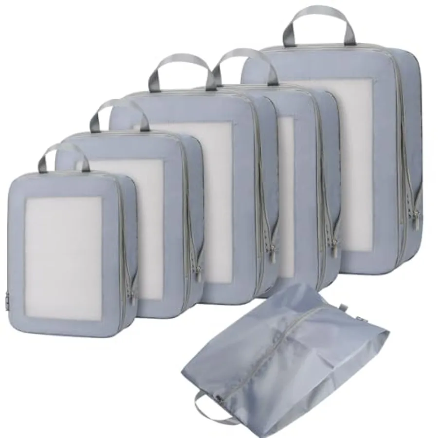 

Ultralight Compression Packing Cubes for Suitcases Carry on Travel Essentials with Shoe Bag 6 Set in Grey Compressible Mesh Mat