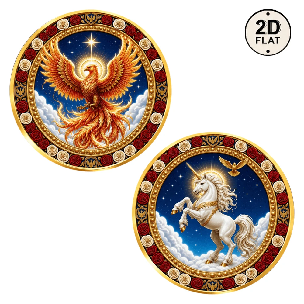 1pc Phoenix Fire Bird & White Unicorn Challenge Coin 2D Print Fantasy Myth Collectible Medal Fantasy Souvenir Birthday Gifts