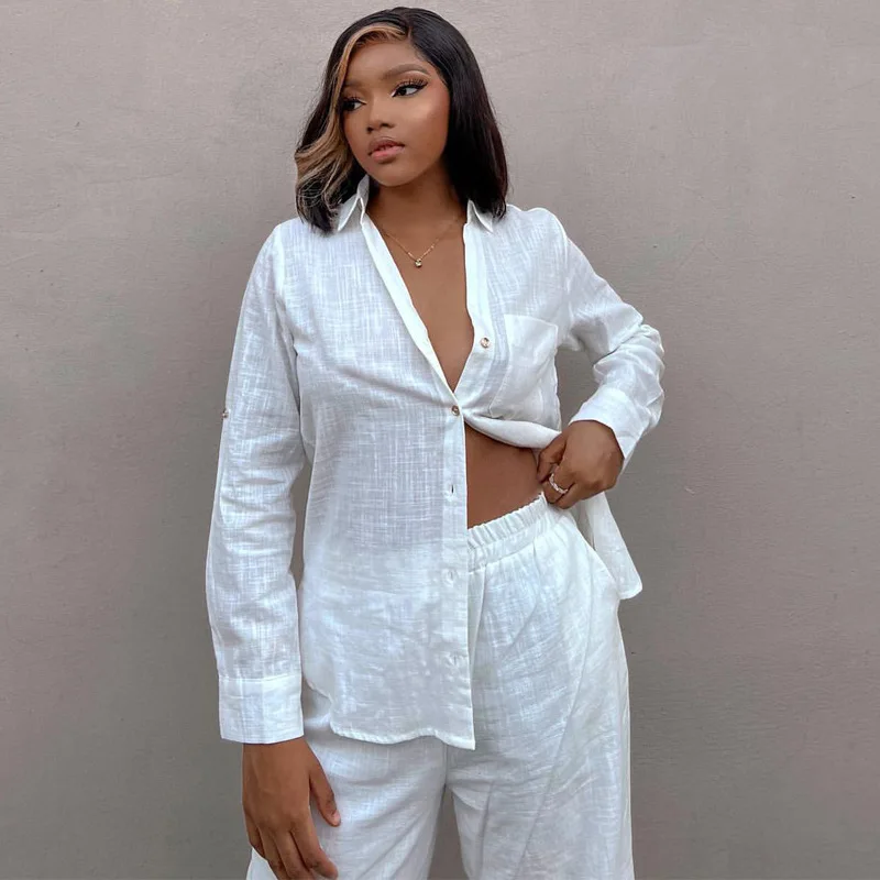 

Solid color large size long-sleeved shirt and trousers two-piece set femininity women's clothing