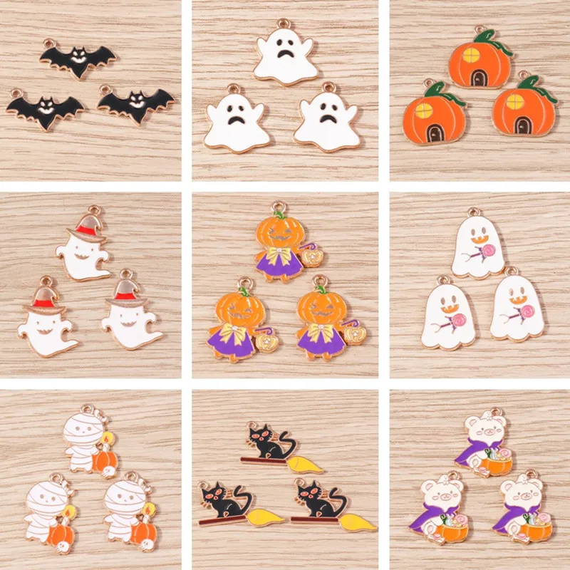 10pcs/lot Mix Cute Halloween Ghost Pumpkin Bat Charms for Jewelry Making DIY Drop Earrings Pendants Necklaces Crafts Accessories