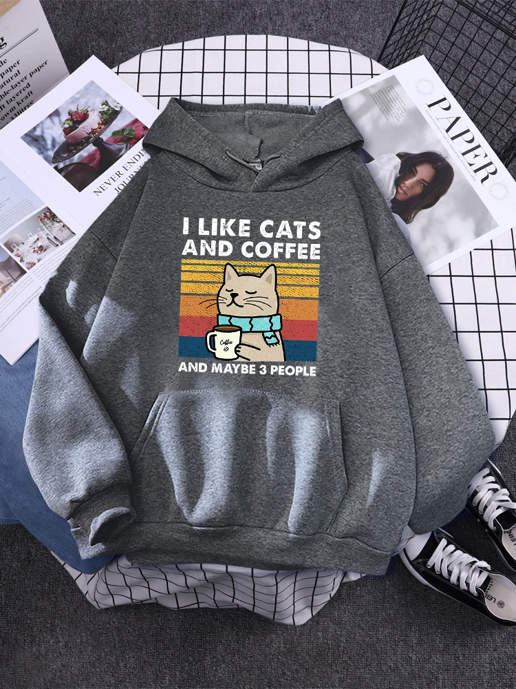 i like cats and coffee Printed  Women Hoody Kpop Comfortable Tracksuit Solid Hooded Sportswear Personality Warm Female Pullover