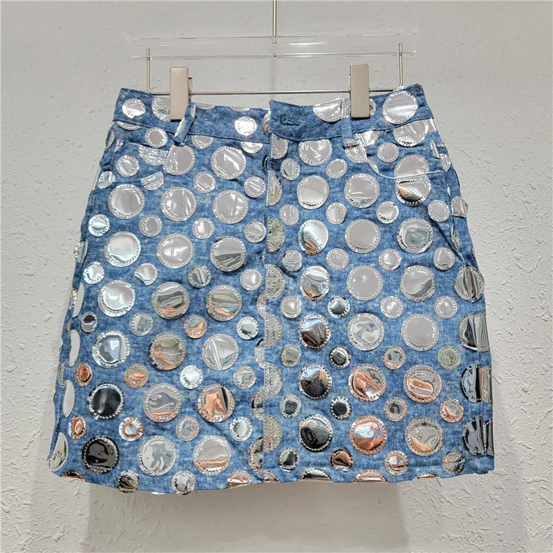 

Women Spring Summer Sequined Denim Skirt High Waist Wrapped Hip A-line Short Silver Circles Jeans Skirt Cowboy Dress Faldas 2024