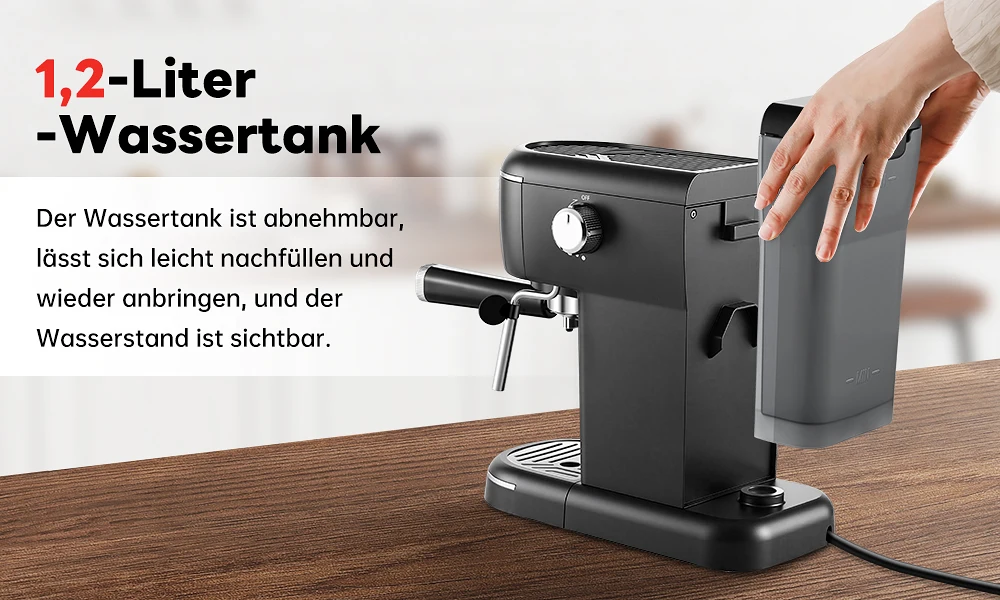 15 Bar 1,2 l abnehmbarer Tank, kompakte Cappuccino-/Latte-Maschine, Edelstahl, 1100 W, schwarze Espresso-Kaffeemaschine – Detail 5