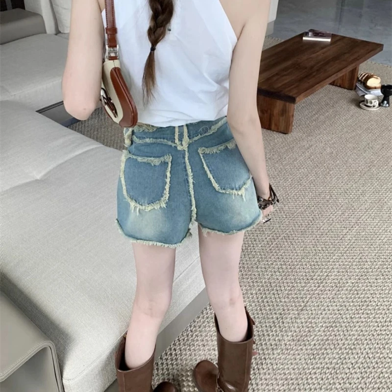 شورت Spice Girl عالي الخصر من قماش الدنيم بتصميم صيفي 2025 يشعر بالسراويل النسائية الساخنة الخام #4