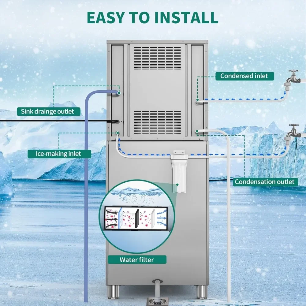 Cubo de almacenamiento de acero inoxidable autolimpiante, máquina de hielo Industrial con cuchara de hielo, cubo de hielo y manguera de conexión, 550lbs/24H,300lbs