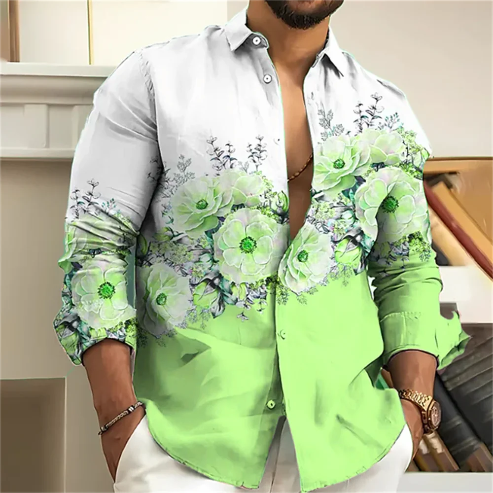 Fashion 2024 Men\'s Shirt Floral Pattern 3D Printing Pink Blue Purple Grey Outdoor Streetwear Long Sleeves Designer Casual 6XL