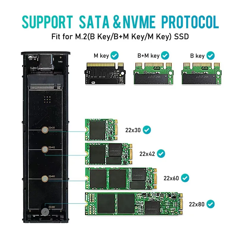 Dual Protocol M2 NVMe/NGFF SATA SSD Case 10Gbps HDD Box M.2 NVME SSD to USB 3.0/3.1 Enclosure Type-A/C Cable PCIe M key/M+B KeY