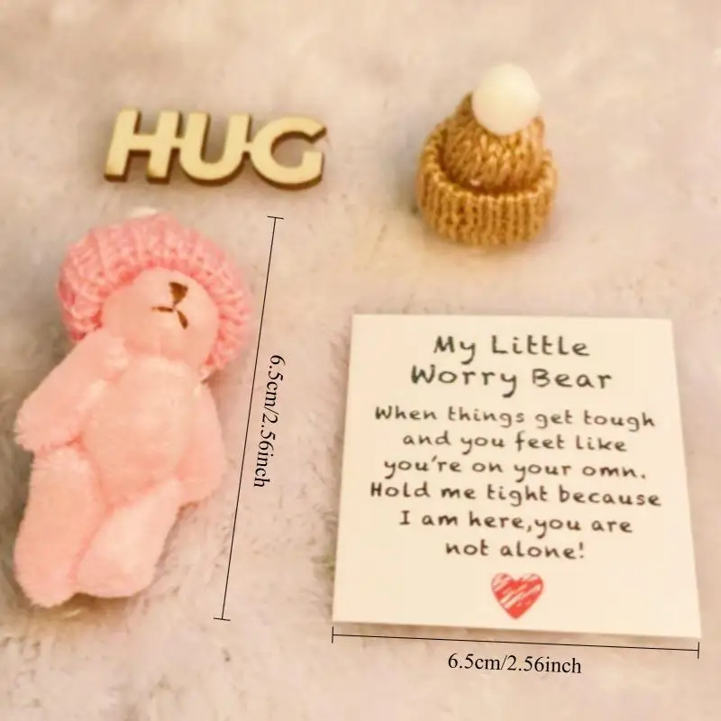 Oso de peluche de abrazo de bolsillo con bolsa de malla, Mini muñeco de oso de peluche positivo con gorro de punto, regalo de cinta rosa de Navidad