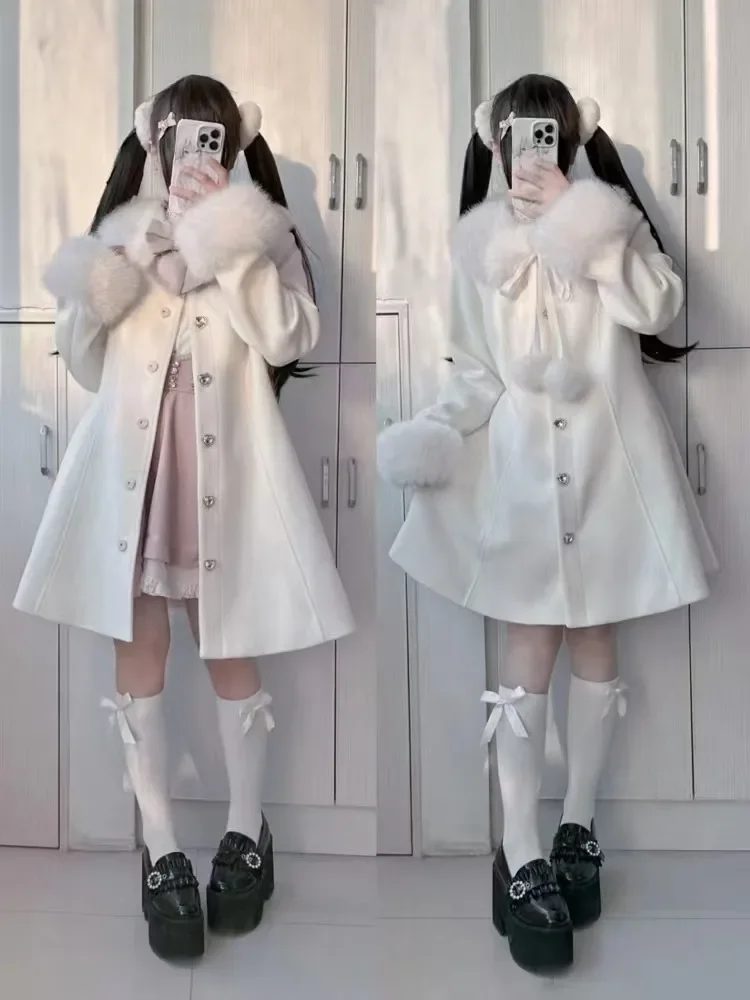 Abrigos de lana japoneses elegantes y dulces de Lolita, chaqueta larga de lana con cuello de piel y lazo de un solo pecho de manga larga acampanada, abrigo de invierno para mujer