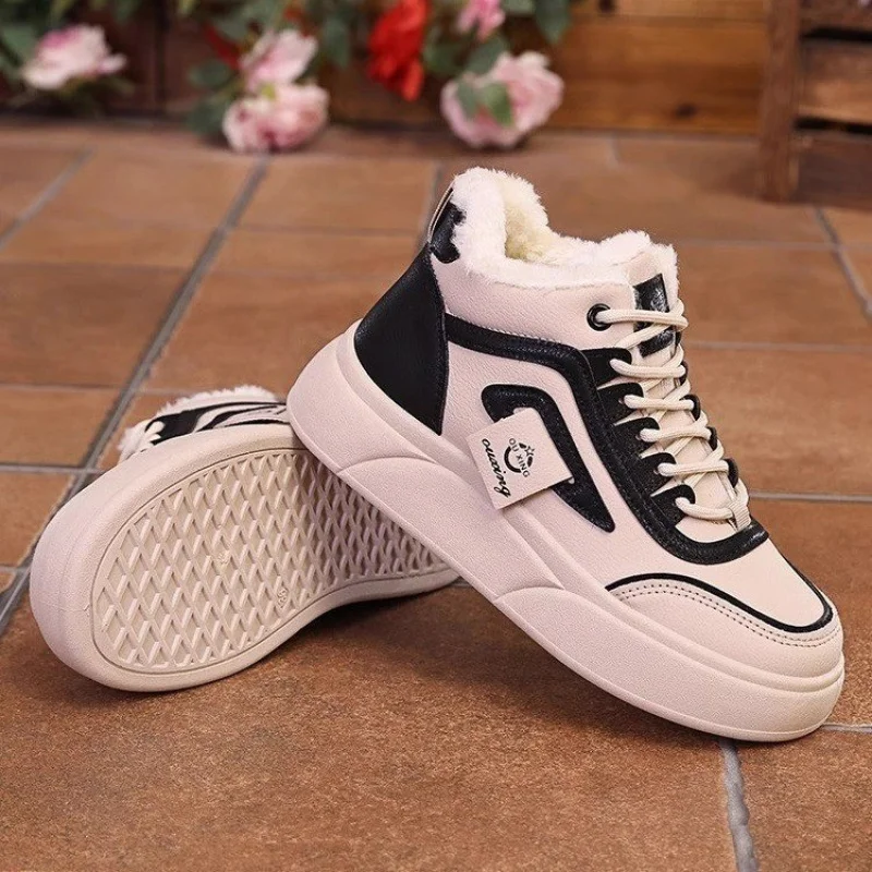 Winter Thick-Soled Snow Boots with Fleece Lining Knitted Patchwork Lace-Up Height-Increasing Short Boots Versatile Women's Boots