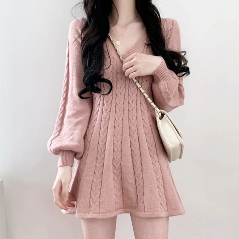 

2022 Knitted Warm Winter Solid New Sweater Dress Women Thick Korean Elegant Vintage Dresses Woman Autumn Clothing Female Vestido