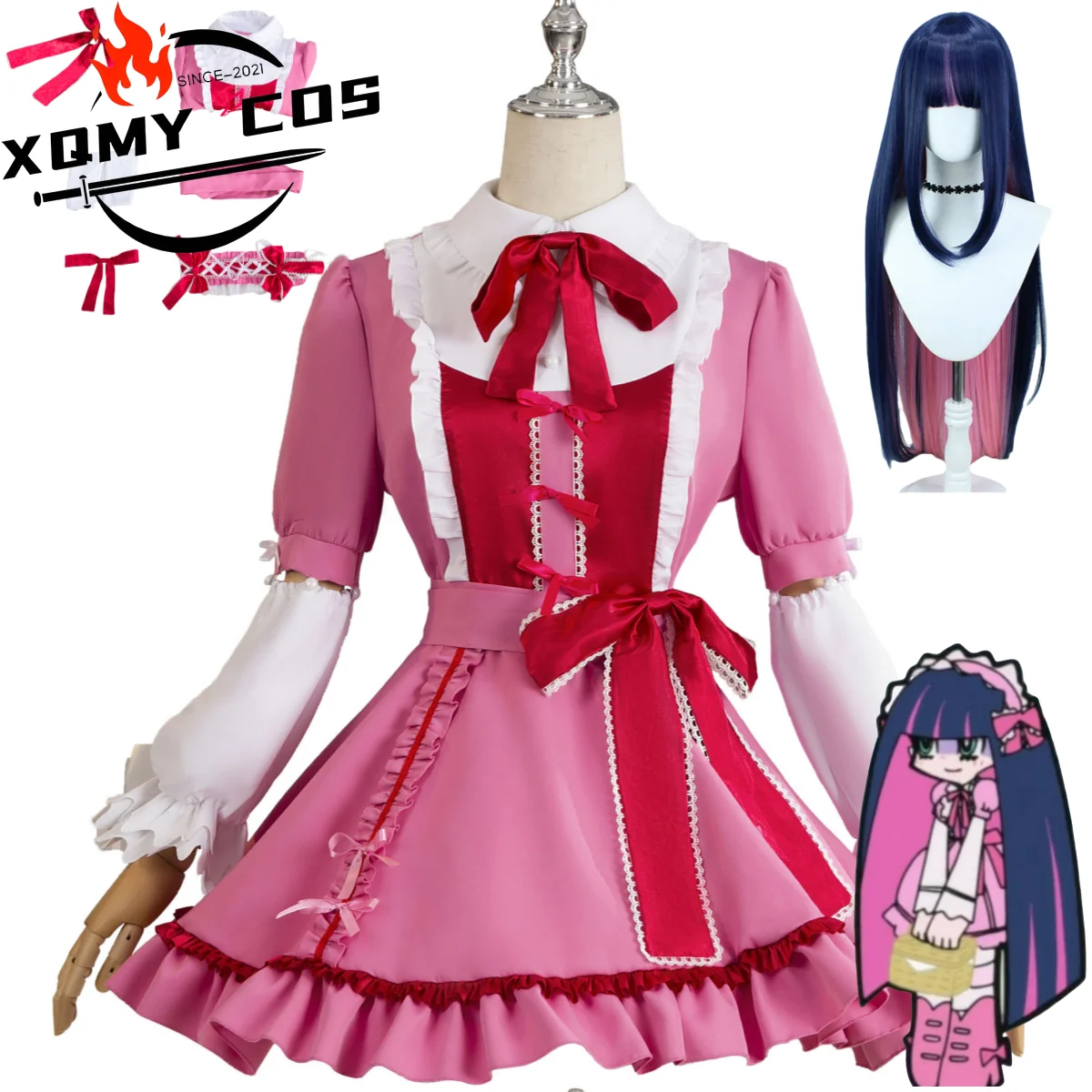 

XqАниме-чулки Anarchy, трусики и чулки с подвязками, карнавальный костюм, розовое платье принцессы, парик Лолиты, женский кавайный праздничный костюм