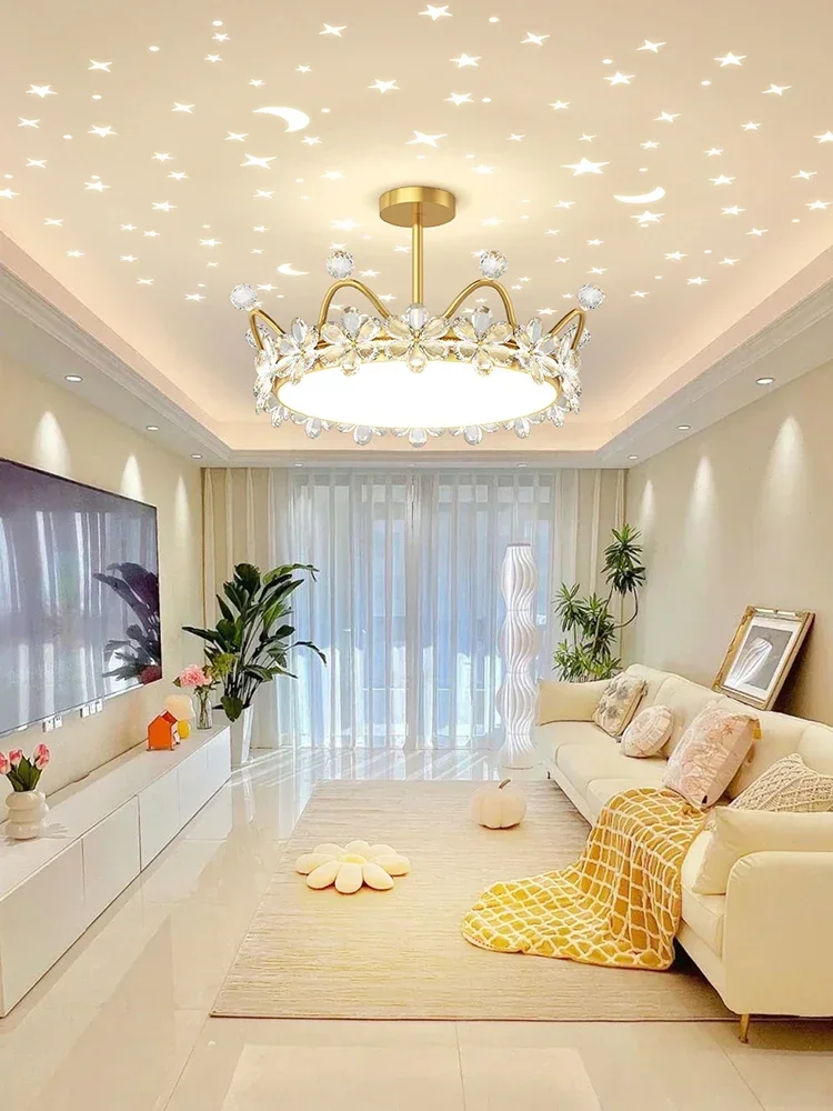 Crown Ceiling Lamp Nordic Creative Starry Sky Children Princess Room Crystal Flower Bedroom Luxury Living Room Chandelier