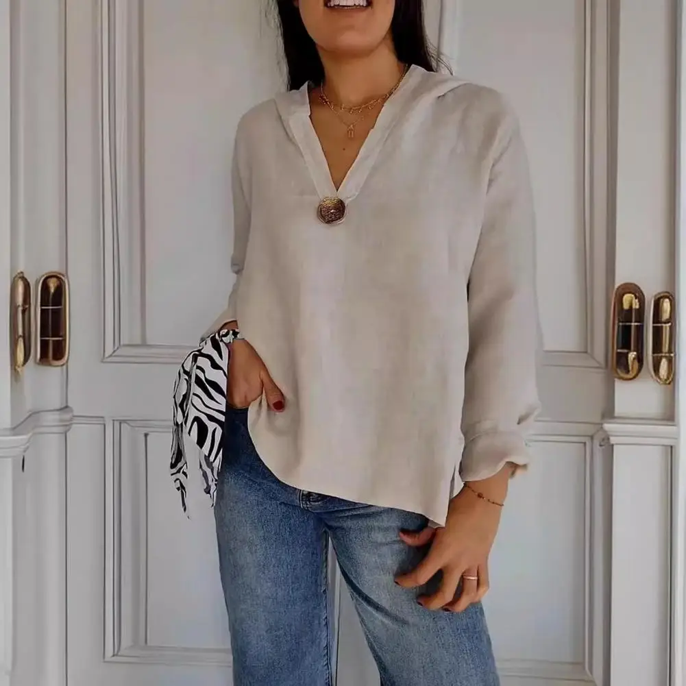 Comfortable V-neck Blouse Stylish Women's V-neck Hooded Shirt With Button Detail Solid Color Loose Fit Blouse For Wear Elegant