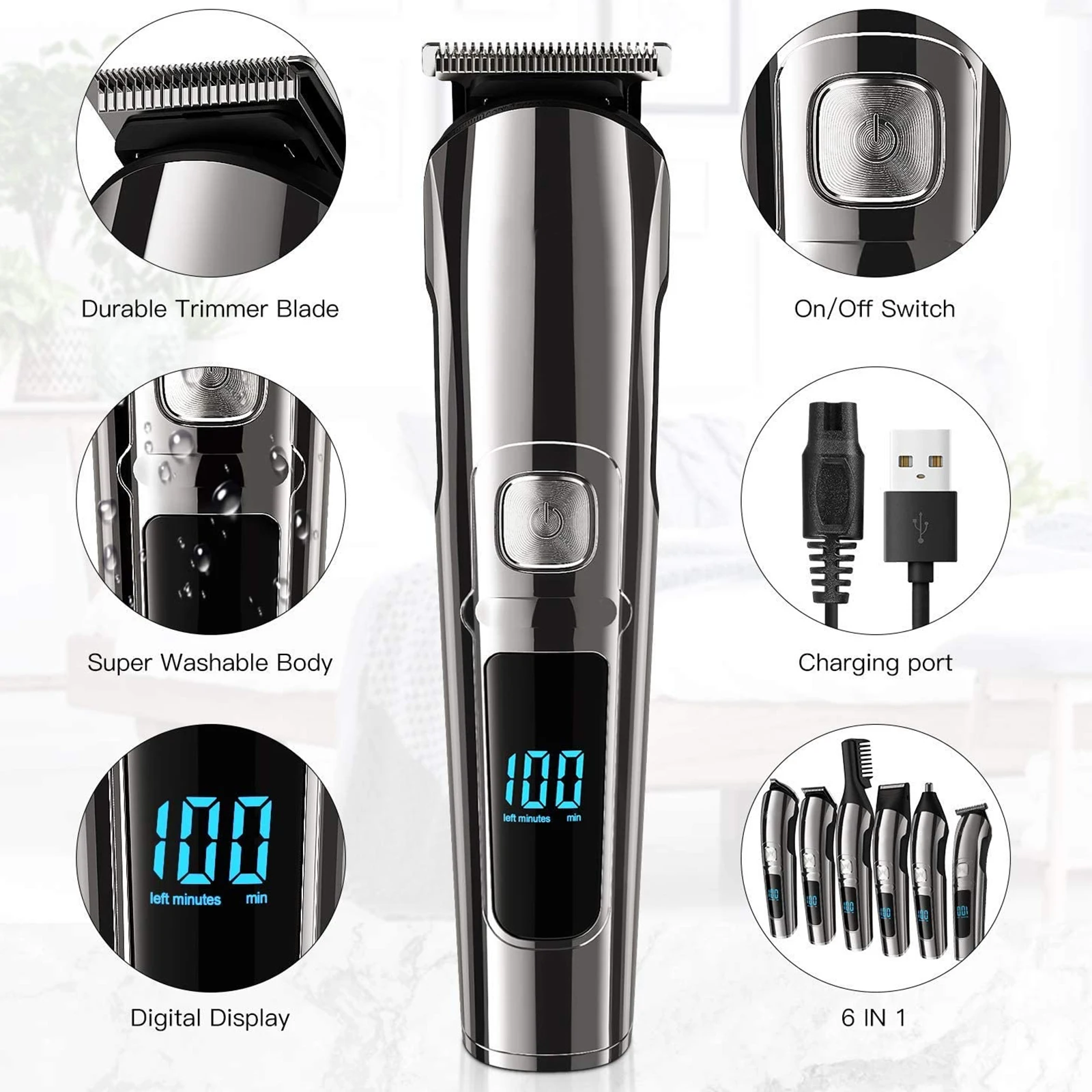 6 in 1 Men's Professional Hair Cutting Set Electric Hair Remover Beard Trimmer Ear & Nose Hair Removal Machine Grooming Set