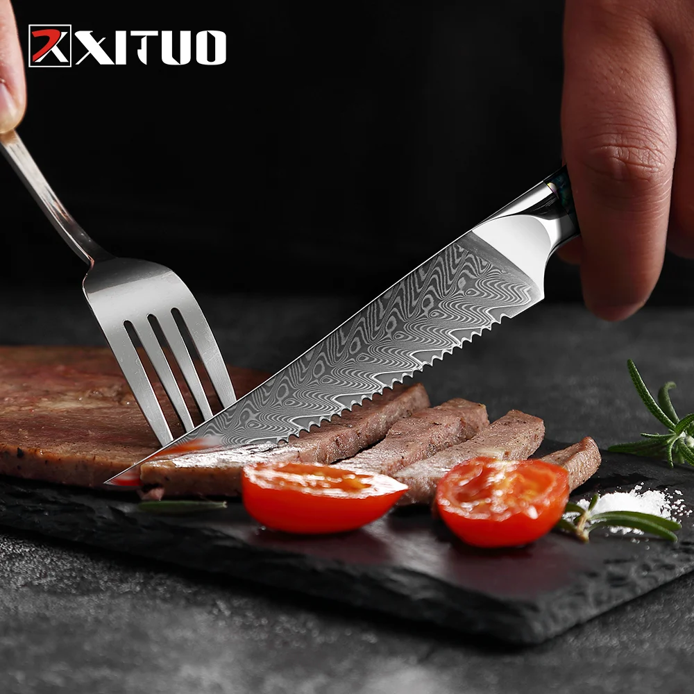 XITUO 1-6 PCS Steak Knife 67 Layer Damascus Steel Serrated Steak Knife Sharp Blade Kitchen Practical Knives Abalone Shell Handle
