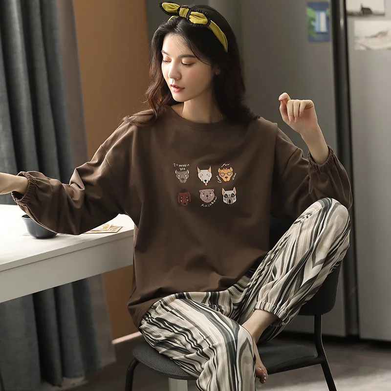 Spring and Autumn Women's All Cotton Pajamas Long sleeved Round Neck Pullover Pajamas Leisure Autumn Home Furnishings