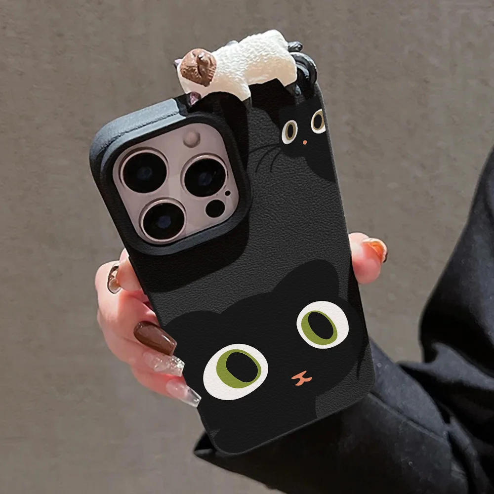 Funda de gato lindo 3D de dibujos animados para iPhone 17 Pro Max 11 16 12 13 14 15 Pro Max 17 Air 15 16 Plus Funda de cuero suave a prueba de golpes